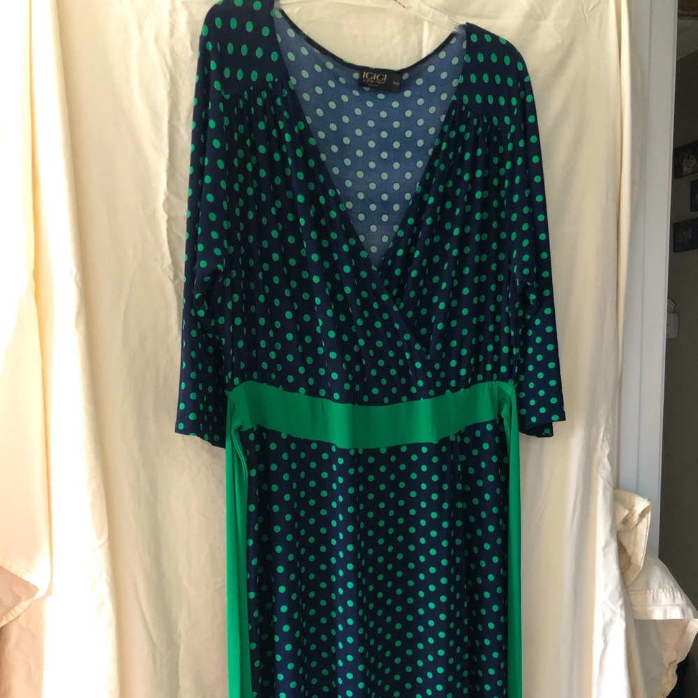 Navy blue with green polka dots IGIGI Plus size 18/20 faux wrap dress